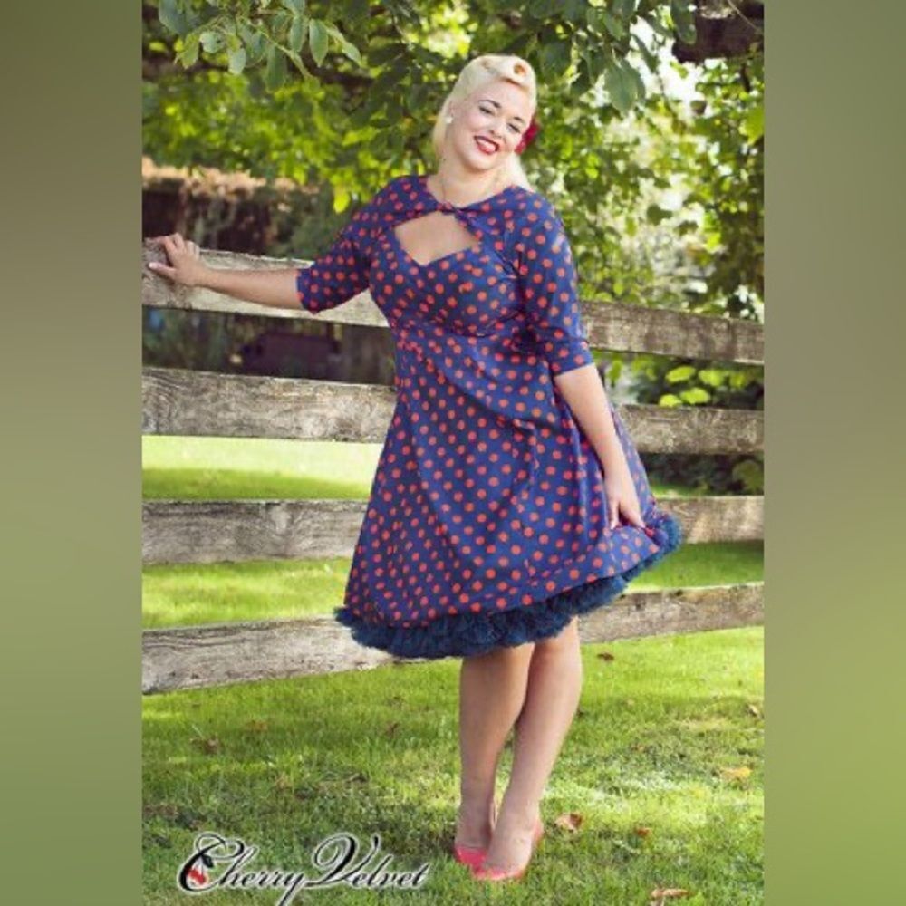 Cherry Velvet Plus 2X Blue Red‎ Polka Dot Retro Rockabilly 100% Cotton Dress
